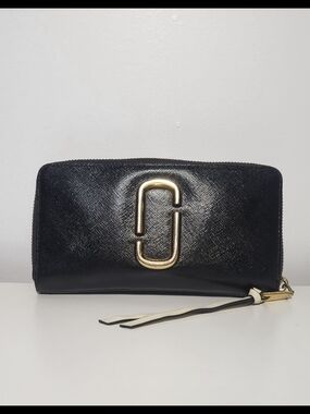 Black Leather Zip Wallet with Gold Accent